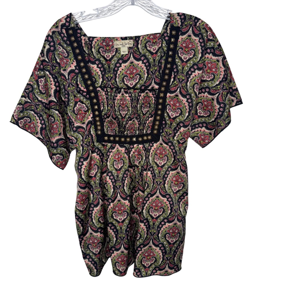 Live and Let Live Petite Large Paisley Top Pink Green Square Neck‎ Tie Back